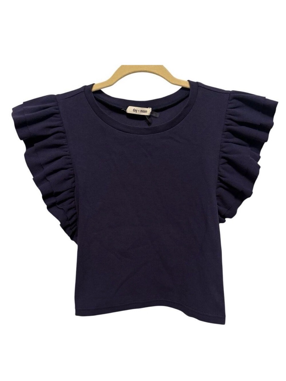 Day + Moon Top Womens Large Navy Blue Ruffle Sleeve Ribbed Tank Stretch Cropped
